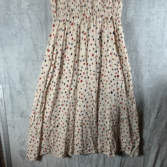 THML Womens Dress S Midi Smocked Geometric Print Ruffle Cap Sleeve Ivory Pockets - Picture 6 of 13